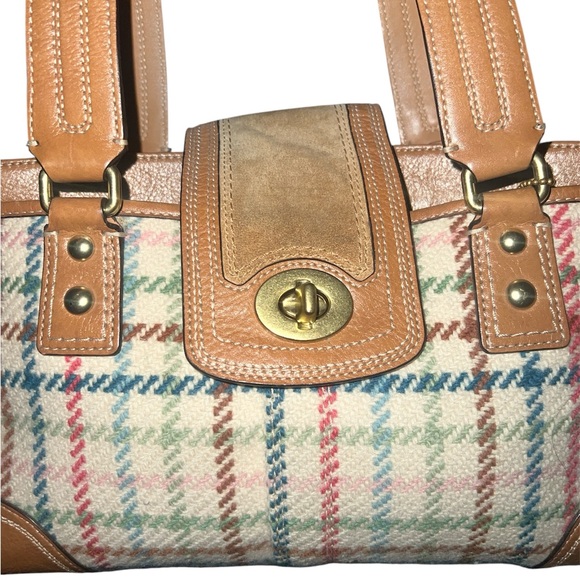 Vintage Coach Hampton Wool Tattersall Carryall Satchel Bag In Tan/Cream - Picture 3 of 4